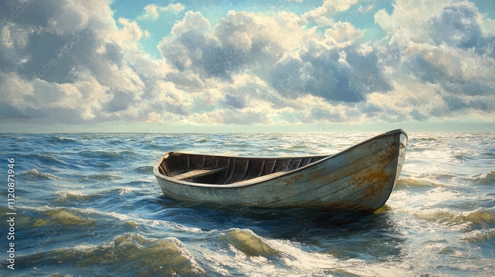 Fototapeta premium Serene Weathered Boat Gently Floating on Calm Ocean Under a Beautiful Cloudy Sky