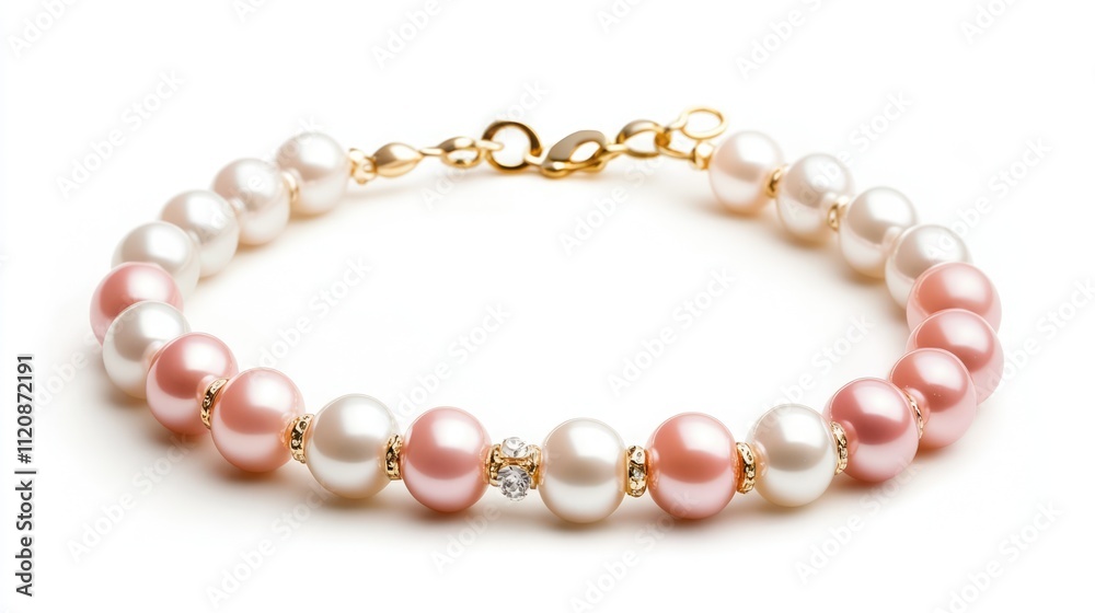 Elegant pearl necklace bracelet featuring pink and white pearls with gold accents on a pristine white background Elegant pearl necklace bracelet featuring pink and white pearls with gold accents on a pristine white background