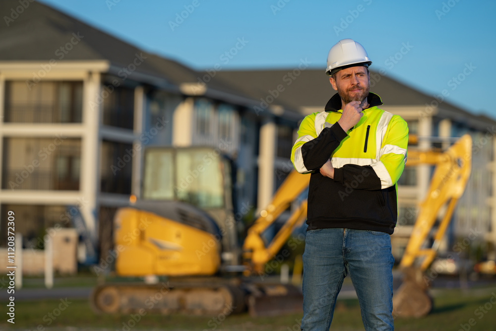 Obraz premium Construction man industry with excavator at industrial site. Worker in helmet build with bulldozer. Engineer work with builder contractor in hardhat. Excavation foreman with tractor.