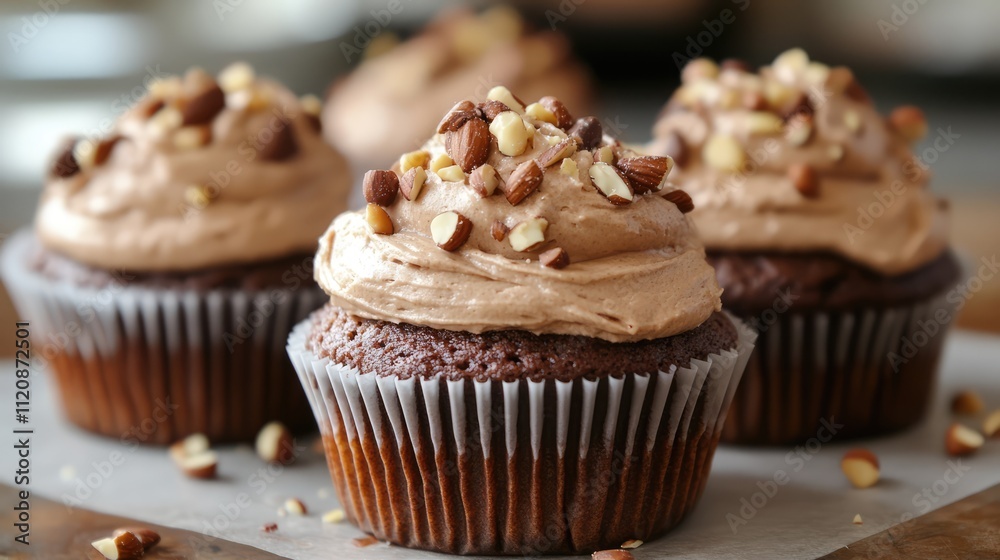 Delicious chocolate cupcakes adorned with creamy nut frosting and chopped nuts for a delightful dessert experience Delicious chocolate cupcakes adorned with creamy nut frosting and chopped nuts for a delightful dessert experience