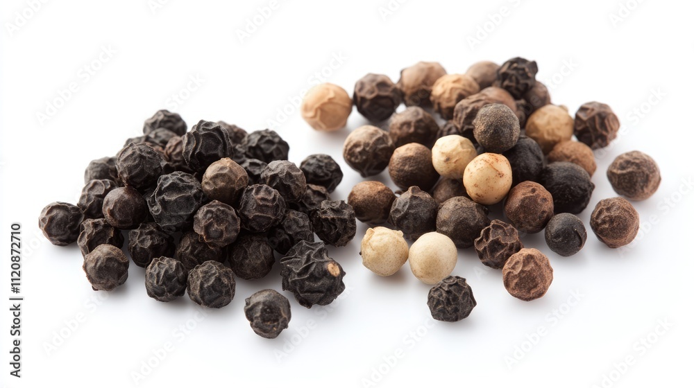 Close-up of black and white peppercorns arranged separately on a clean white background, highlighting texture and variety, spices, cooking ingredients, food styling. Close-up of black and white peppercorns arranged separately on a clean white background, highlighting texture and variety, spices, cooking ingredients, food styling.