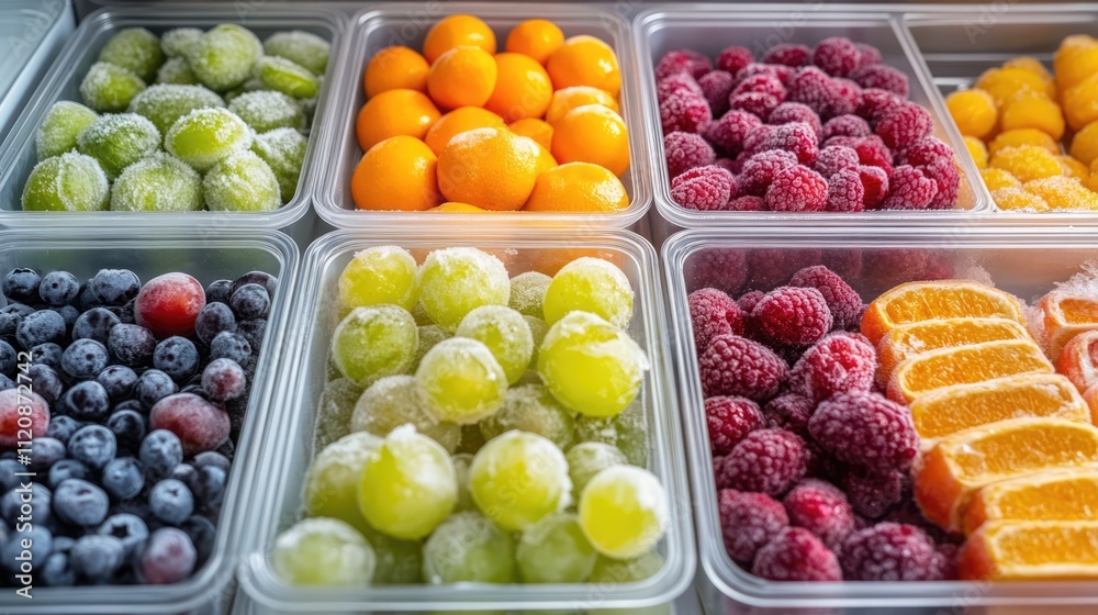 Assorted frozen fruits neatly arranged in containers for storage in a refrigerator showcasing vibrant colors and freshness Assorted frozen fruits neatly arranged in containers for storage in a refrigerator showcasing vibrant colors and freshness