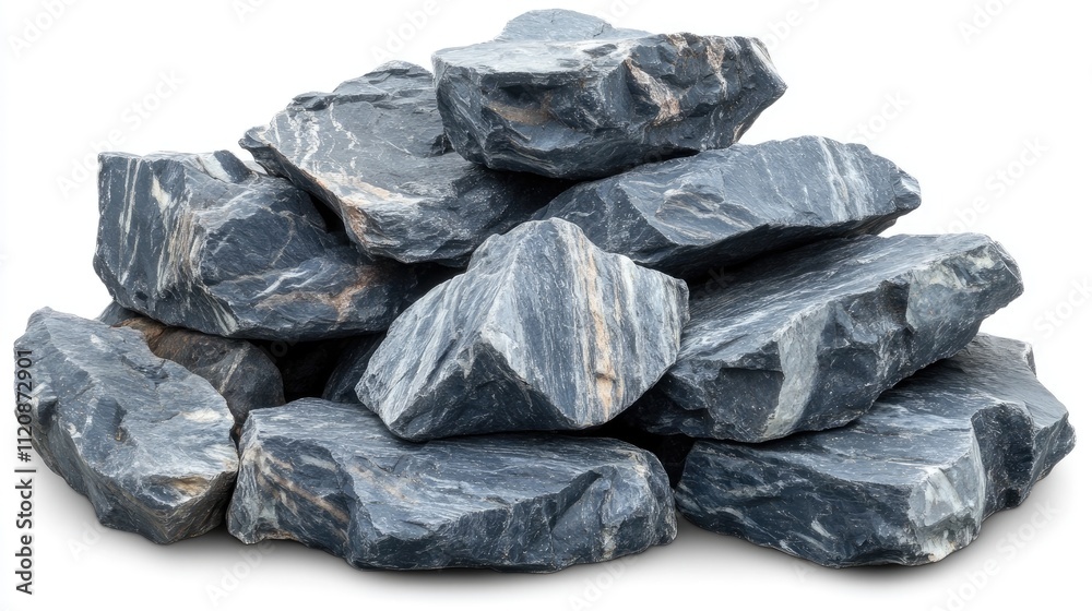 Gray natural stone pile with unique textures and patterns on a white background ideal for landscaping and construction projects. Gray natural stone pile with unique textures and patterns on a white background ideal for landscaping and construction projects.
