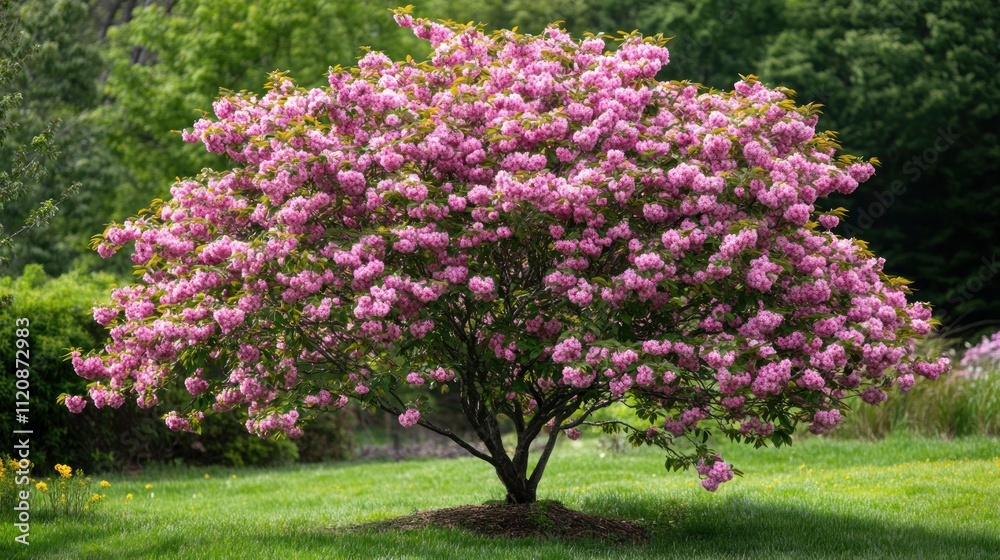 Blooming pink cherry tree in a lush green lawn. Blooming pink cherry tree in a lush green lawn.