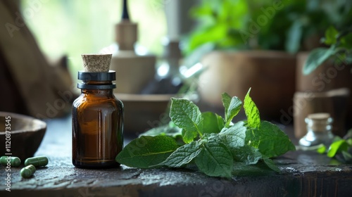 Medicinal patchouli green leaves with essential oil bottle in rustic herbal setting showcasing natural health and wellness themes photo