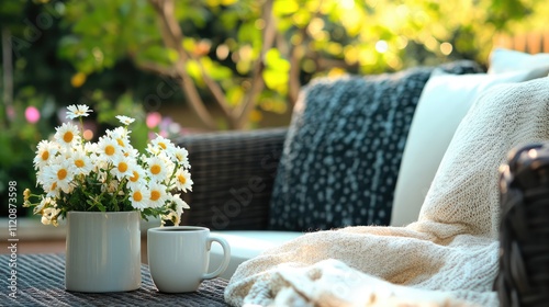 Cozy outdoor patio scene featuring modern furniture with coffee mug and fresh flowers in a vibrant garden setting photo