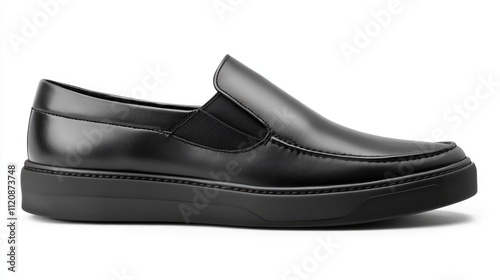 Stylish modern black slip-on leather shoes for men isolated on a clean white background