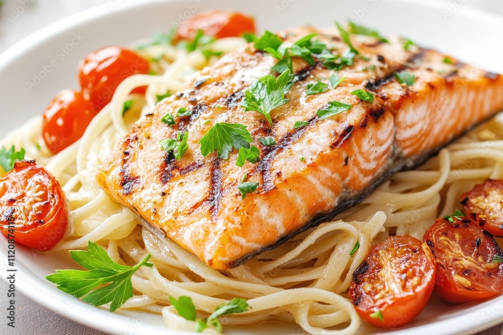 A plate of grilled salmon served on a bed of linguine pasta, garnished with fresh parsley A plate of grilled salmon served on a bed of linguine pasta, garnished with fresh parsley