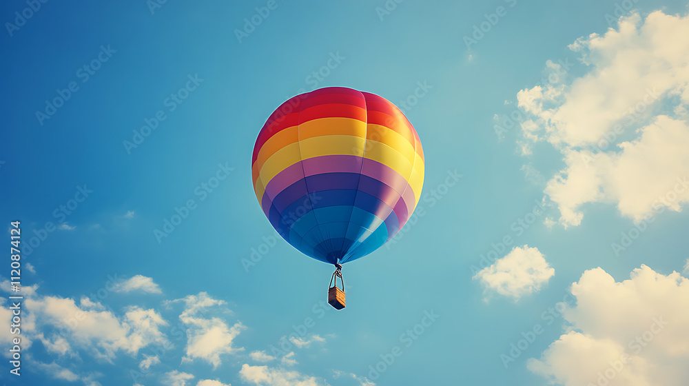 Fototapeta premium Colorful Hot Air Balloon Soaring Through a Blue Sky