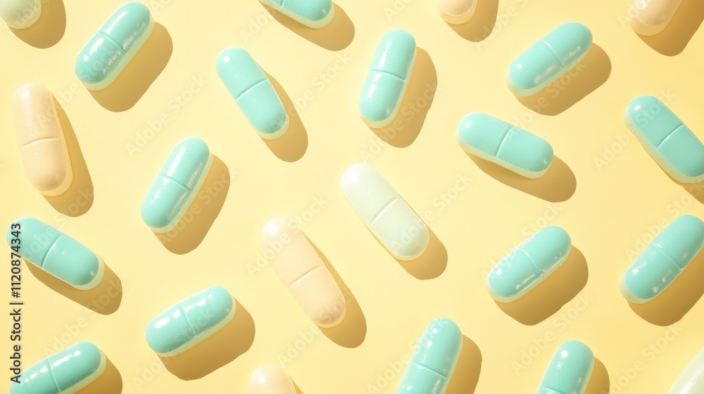 Organic green and beige capsule pills on bright yellow background top view vibrant pharmaceutical medication flat lay style Organic green and beige capsule pills on bright yellow background top view vibrant pharmaceutical medication flat lay style