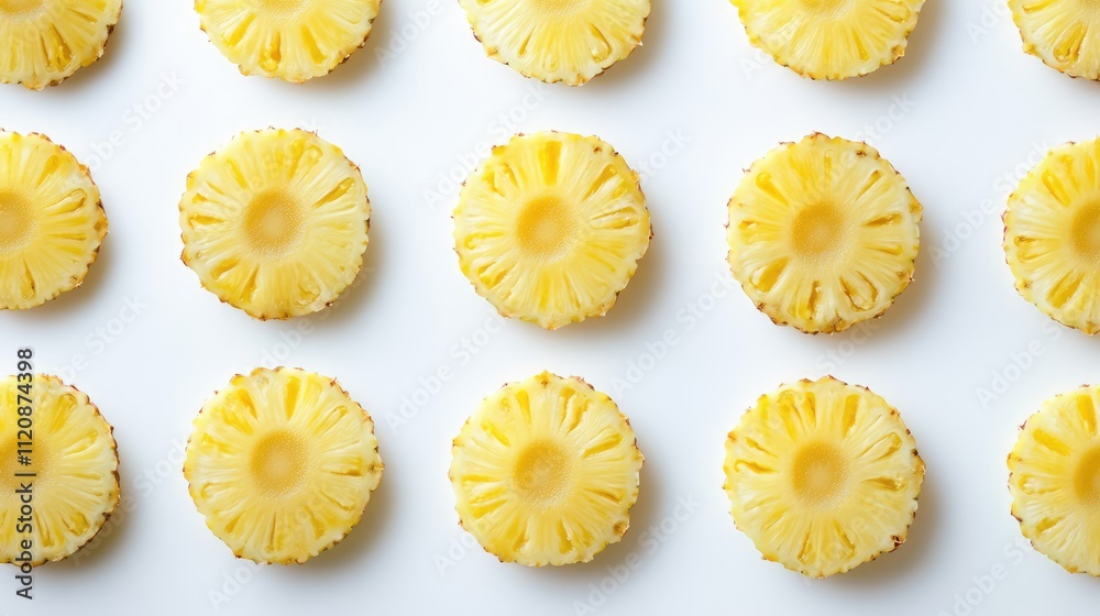 Bright yellow pineapple slices arranged in a neat grid pattern on a pristine white background, emphasizing freshness and vibrancy, food photography, healthy eating, tropical fruits. Bright yellow pineapple slices arranged in a neat grid pattern on a pristine white background, emphasizing freshness and vibrancy, food photography, healthy eating, tropical fruits.