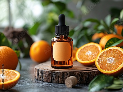 A vibrant amber bottle of essential oil sits on a wooden slab, surrounded by fresh oranges and green foliage, evoking a refreshing, natural ambiance.