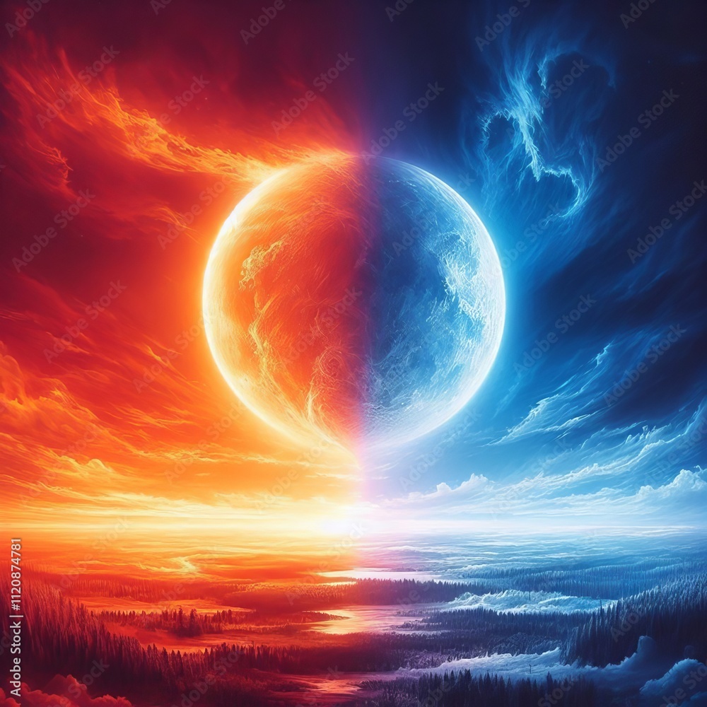 7 The sky is split between two moons one a fiery orange the othe 7 The sky is split between two moons one a fiery orange the othe