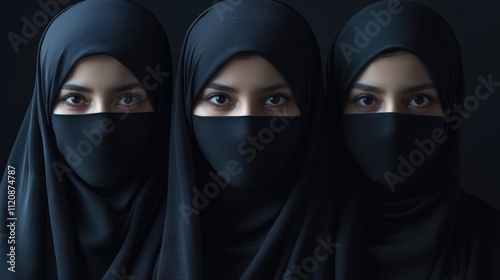 Three Muslim women in black hijabs with serious expressions conveying strength and unity against a dark background.