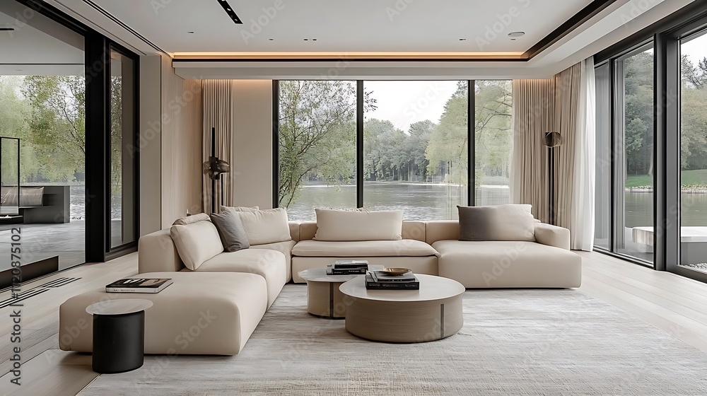 A bright modern living room with a compact light-beige sectional sofa, clean wooden flooring, and expansive windows with a view of a serene lake. A bright modern living room with a compact light-beige sectional sofa, clean wooden flooring, and expansive windows with a view of a serene lake.