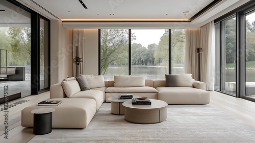 A bright modern living room with a compact light-beige sectional sofa, clean wooden flooring, and expansive windows with a view of a serene lake.