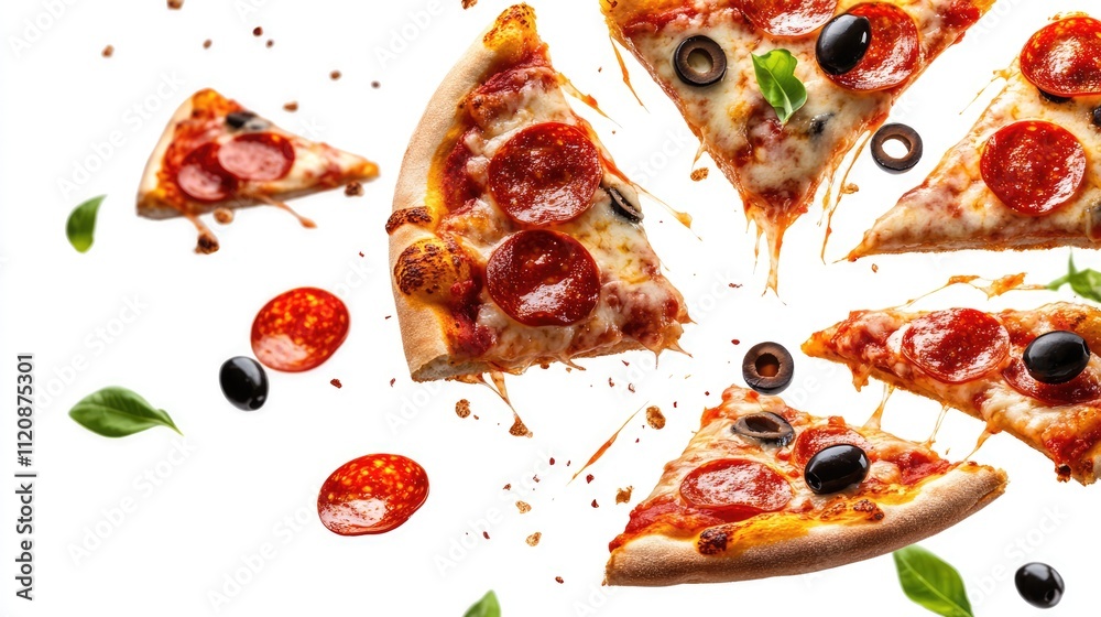 Flying pizza slices with pepperoni and olives on white background showcasing melting cheese and fresh ingredients for a delicious presentation Flying pizza slices with pepperoni and olives on white background showcasing melting cheese and fresh ingredients for a delicious presentation