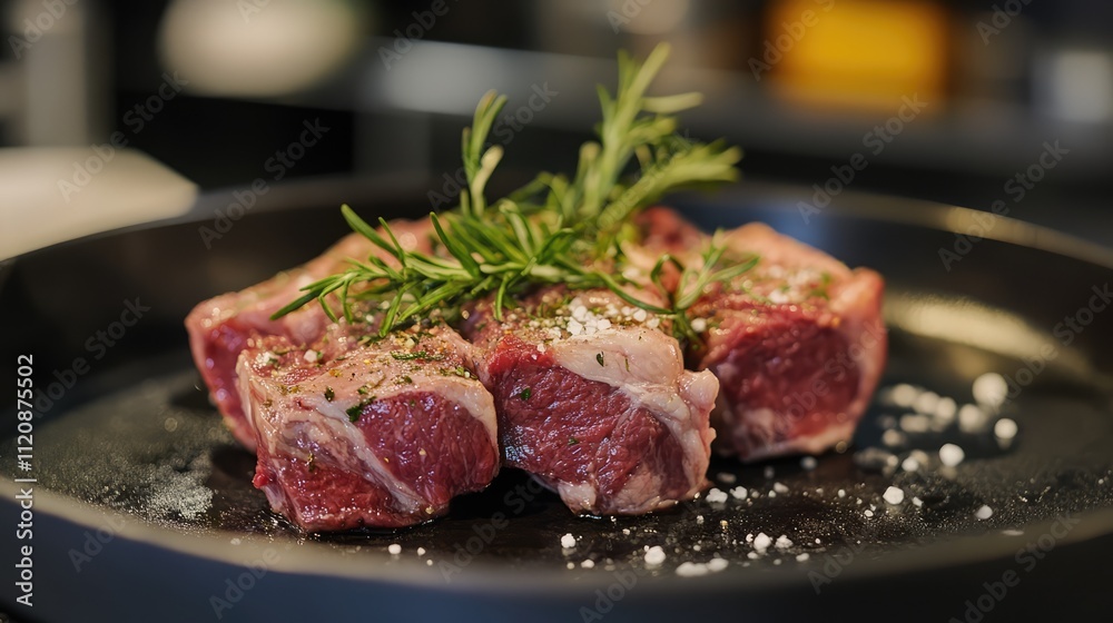 Freshly cut pork ribs garnished with rosemary on a black plate ready for cooking or grilling session in a modern kitchen setting. Freshly cut pork ribs garnished with rosemary on a black plate ready for cooking or grilling session in a modern kitchen setting.