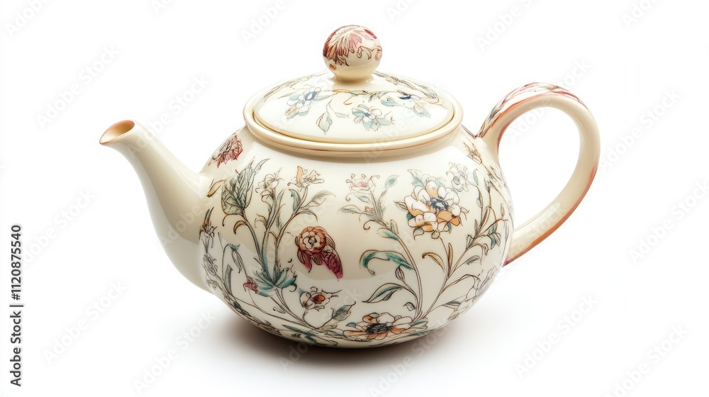 Decorative porcelain teapot with floral design viewed from above on a clean white background ideal for culinary or home decor themes Decorative porcelain teapot with floral design viewed from above on a clean white background ideal for culinary or home decor themes