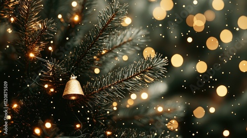 Golden Bell Ornament on Christmas Tree with Festive Lights and Falling Snow