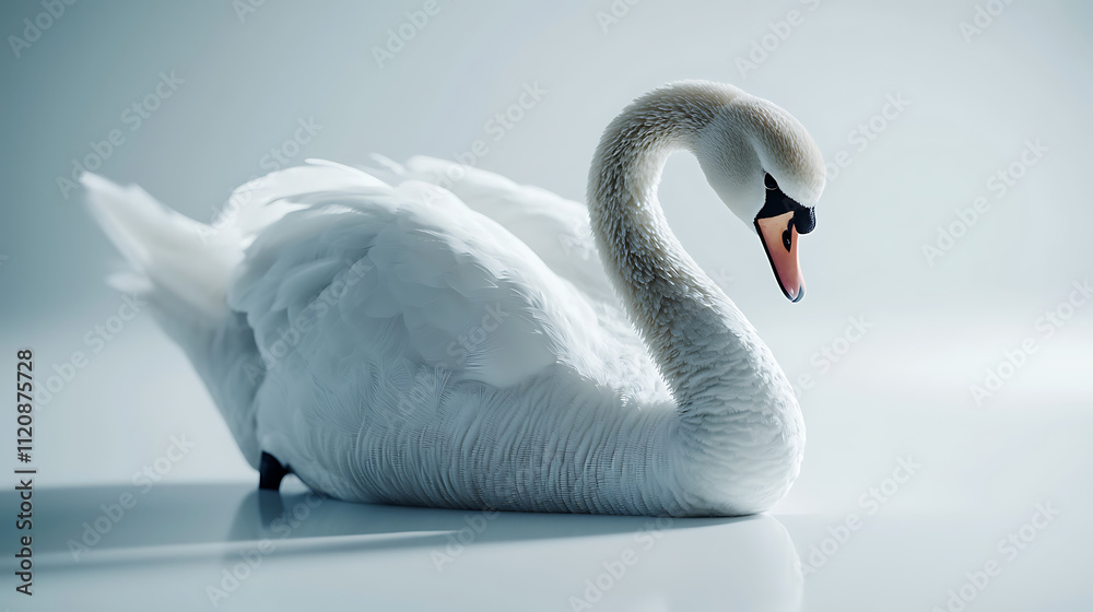 Fototapeta premium A white swan is laying on its back on a white surface