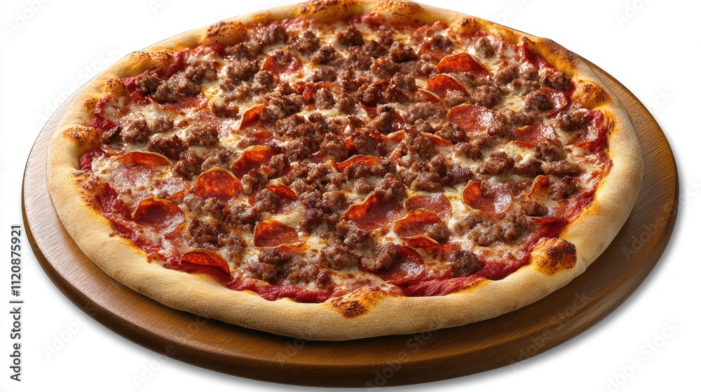 Overhead view of a freshly baked pizza with savory meat toppings on a rustic wooden platter ideal for food advertising and menus