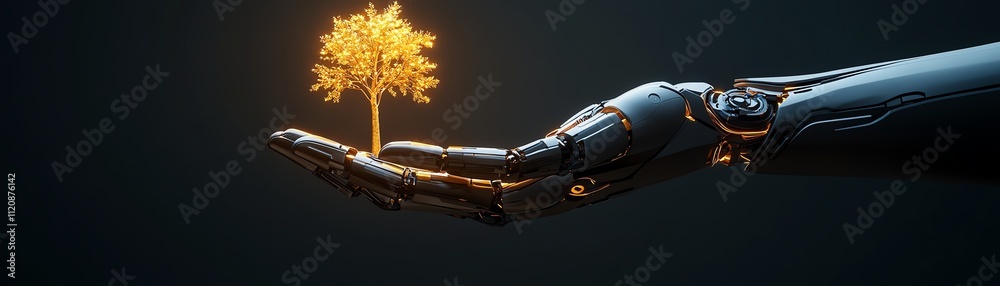 Naklejka premium Futuristic robotic hand holding a glowing tree, symbolizing innovation and nature.