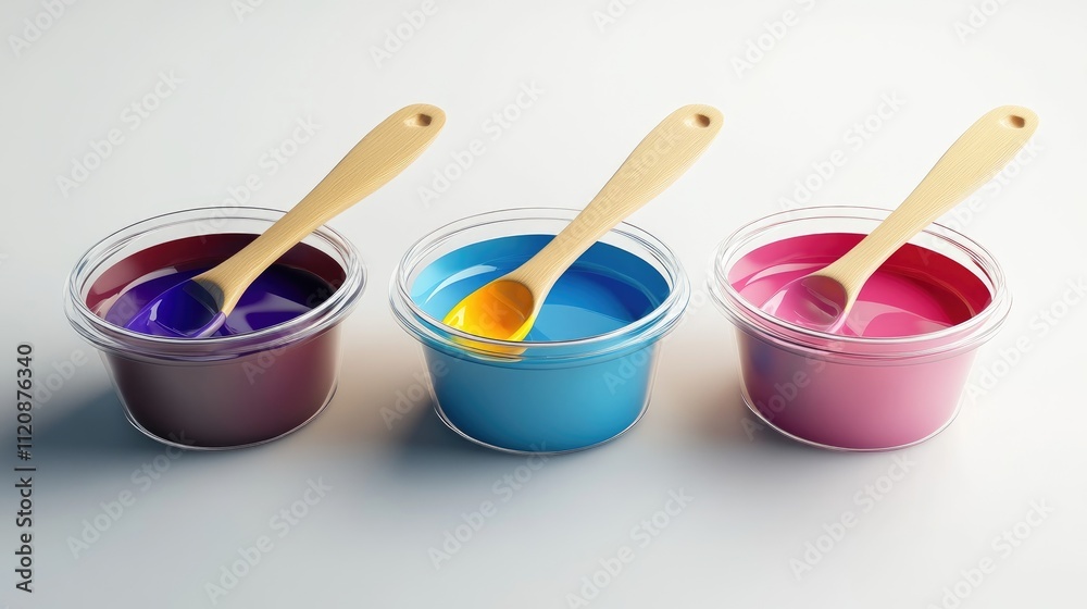 Paint mixing paddles with colorful paint in containers showcasing vibrant hues for home improvement and artistic projects Paint mixing paddles with colorful paint in containers showcasing vibrant hues for home improvement and artistic projects