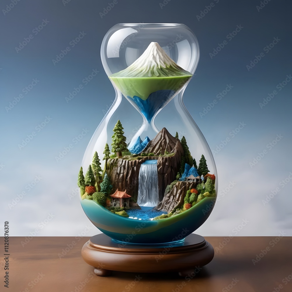 Miniature Mountain Landscape Inside an Hourglass: A Serene Timepiece of Nature's Beauty Miniature Mountain Landscape Inside an Hourglass: A Serene Timepiece of Nature's Beauty