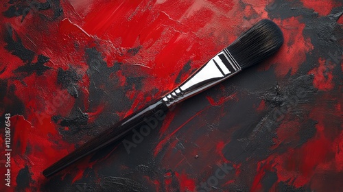 Artistic Paint Brush on Vibrant Abstract Red and Black Background Top View photo