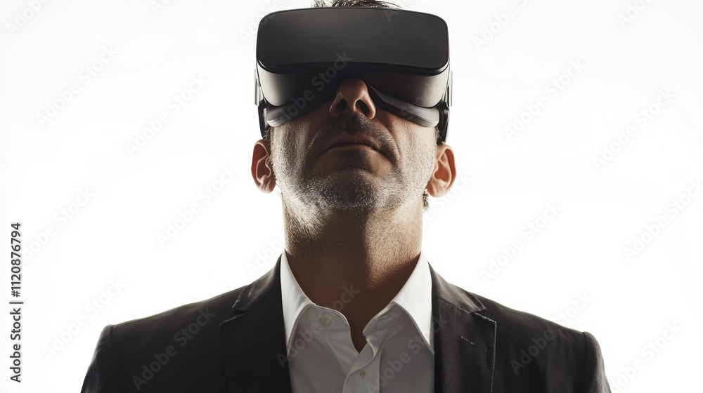 Confident businessman using a virtual reality headset, standing against a bright white background, modern technology, innovation, professional attire, business concept. Confident businessman using a virtual reality headset, standing against a bright white background, modern technology, innovation, professional attire, business concept.