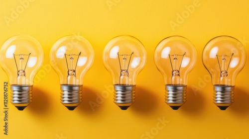 Light bulbs in a row on yellow background representing creativity innovation ideas solutions and problem solving concepts in brainstorming photo