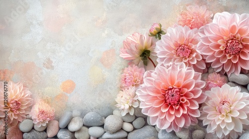 Vintage-style pink dahlia flowers in full bloom against a soft, pastel pebble background, evoking a nostalgic and serene atmosphere, floral, nature, decorative design. photo