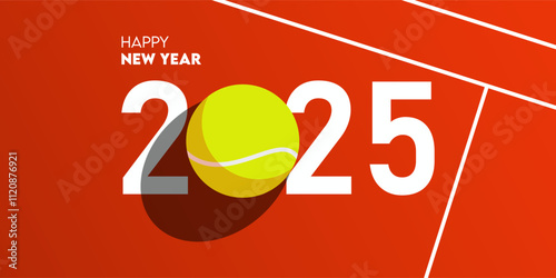 Happy new year 2025 celebration greeting card and social media post or banner design template in tennis or sport concept. Tennis ball on court. Vector 