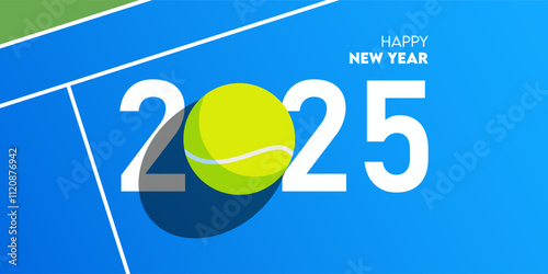 Happy new year 2025 celebration greeting card and social media post or banner design template in tennis or sport concept. Tennis ball on court. Vector 