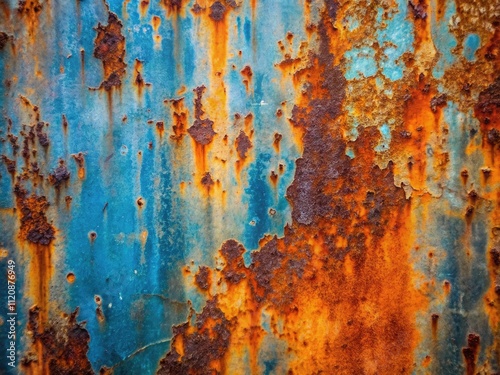 Rusty Metal Texture Background, Scratched Metal, Blue Orange Paint, High Depth of Field, Grunge, Industrial