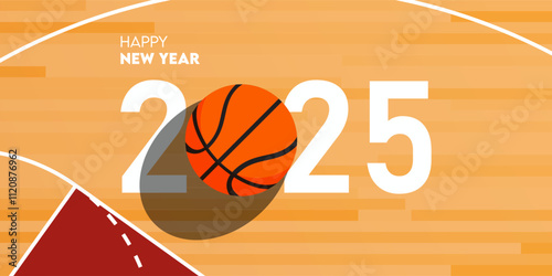 Happy new year 2025 celebration greeting card and social media post or banner design template in basketball or sport concept. Basketball ball on court. Vector 