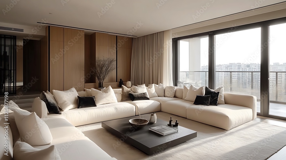 A clean and bright living room with a cream sectional sofa, smooth wooden accents, and panoramic glass walls overlooking a vibrant city skyline. The sunlight casts subtle shadows, A clean and bright living room with a cream sectional sofa, smooth wooden accents, and panoramic glass walls overlooking a vibrant city skyline. The sunlight casts subtle shadows,
