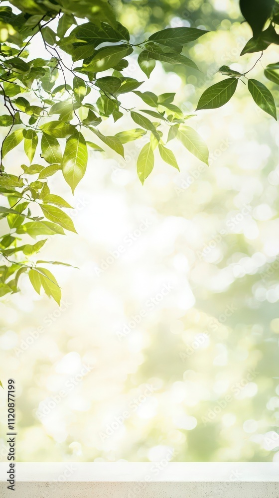 Obraz premium Sunlit Green Leaves and Bright Bokeh Background