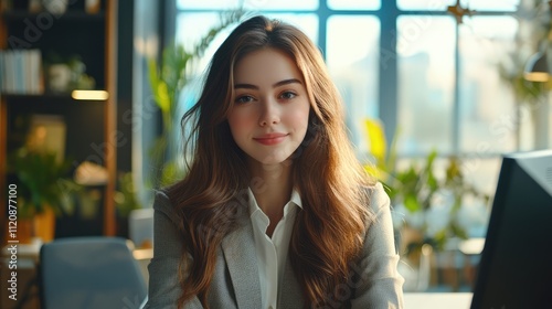 Free Download Portrait of confident young businesswoman in modern office environment showcasing professionalism and leadership skills - GFXLoad
