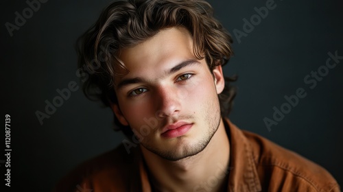 Close-up portrait of a handsome young man with tousled hair and captivating gaze, displayed against a dark background, professional photography, male model, lifestyle, beauty.