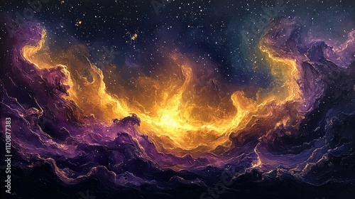 Cosmic Abstract Scene with Swirling Nebulae Glowing Stars in Purple Gold Tones Ethereal Background