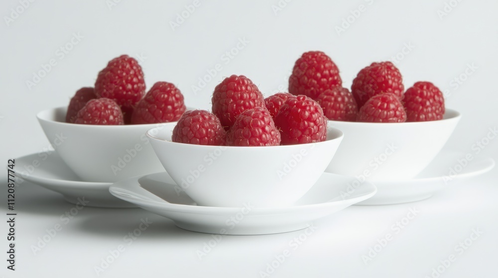 Ripe raspberries presented in elegant white bowls on minimalistic background for food photography and culinary presentations Ripe raspberries presented in elegant white bowls on minimalistic background for food photography and culinary presentations