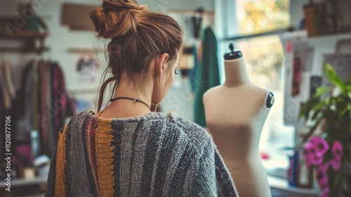 Fashion designer measuring materials on mannequin in stylish outfit in creative workspace with vibrant decor and natural light