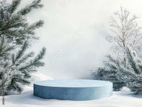 Winter Wonderland Product Display: Snowy Scene with Blue Platform and Frosty Pine Branches photo