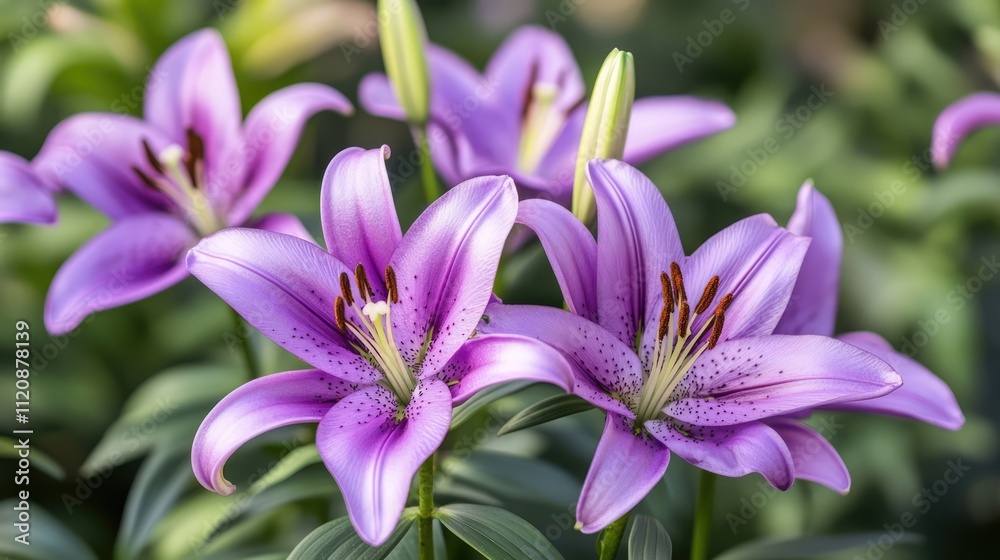 Purple lilies in delicate bloom showcasing vibrant petals and lush green foliage in a serene garden setting. Purple lilies in delicate bloom showcasing vibrant petals and lush green foliage in a serene garden setting.