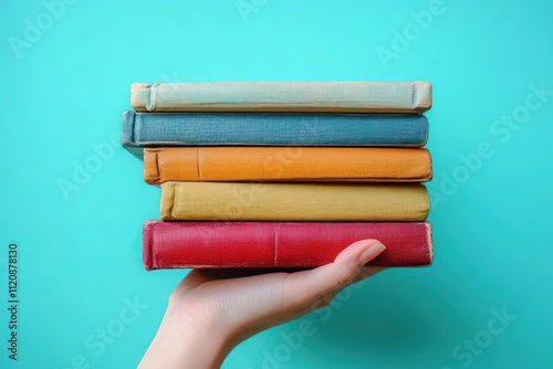 Hands Holding Colorful Pile of Books Against Light Blue Background Education Hobby Knowledge Reading Study