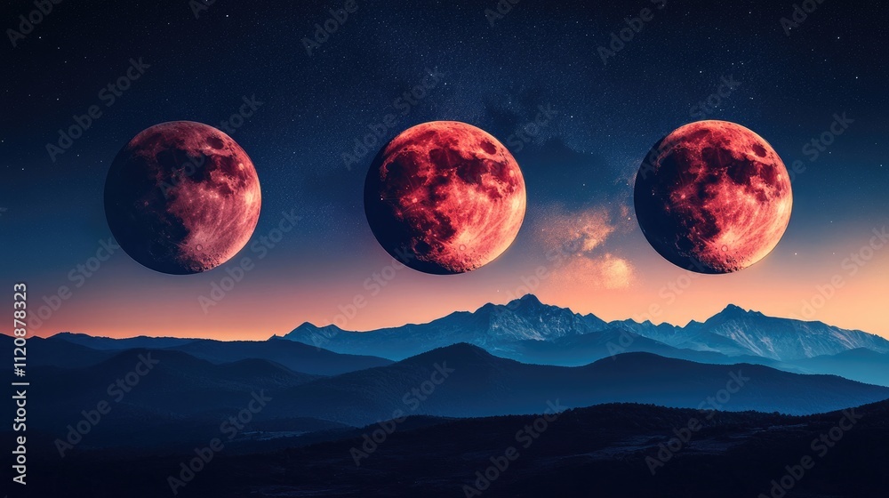 Phases of a blood moon over a majestic mountain landscape with a starry sky at twilight Phases of a blood moon over a majestic mountain landscape with a starry sky at twilight