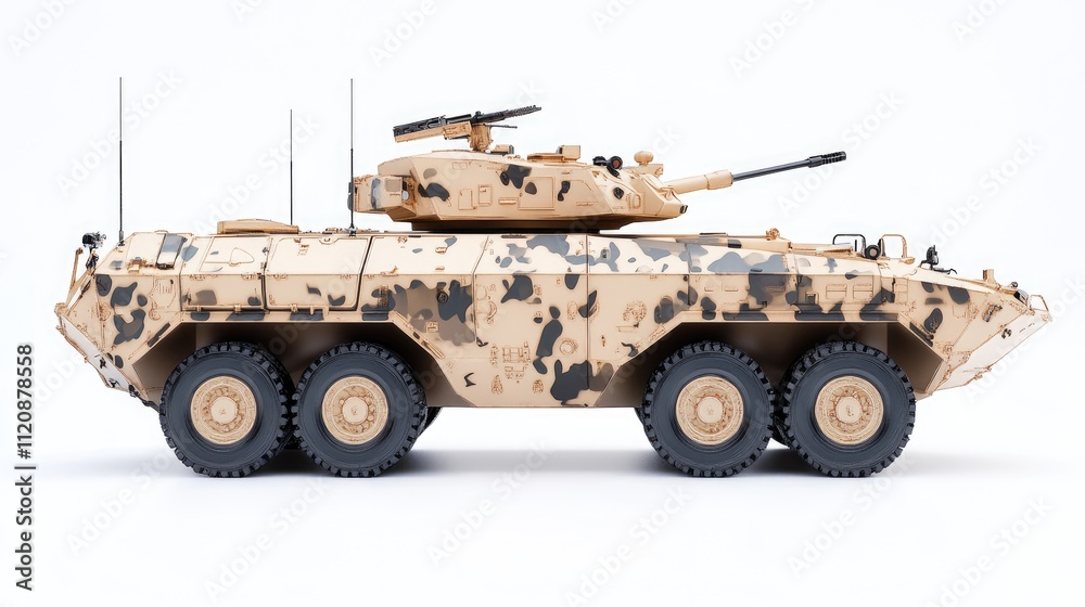 Fototapeta premium Beige military armored vehicle, six-wheeled, camouflage, side view, isolated on white.