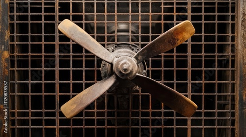 Vintage propeller positioned behind a metal grid showcasing industrial design and textures in a rustic environment photo